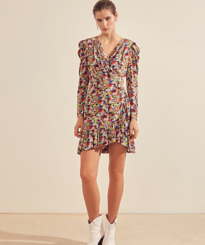 Claudia Robe courte cache-cœur imprimé retro fleuri - Garanium - Suncoo