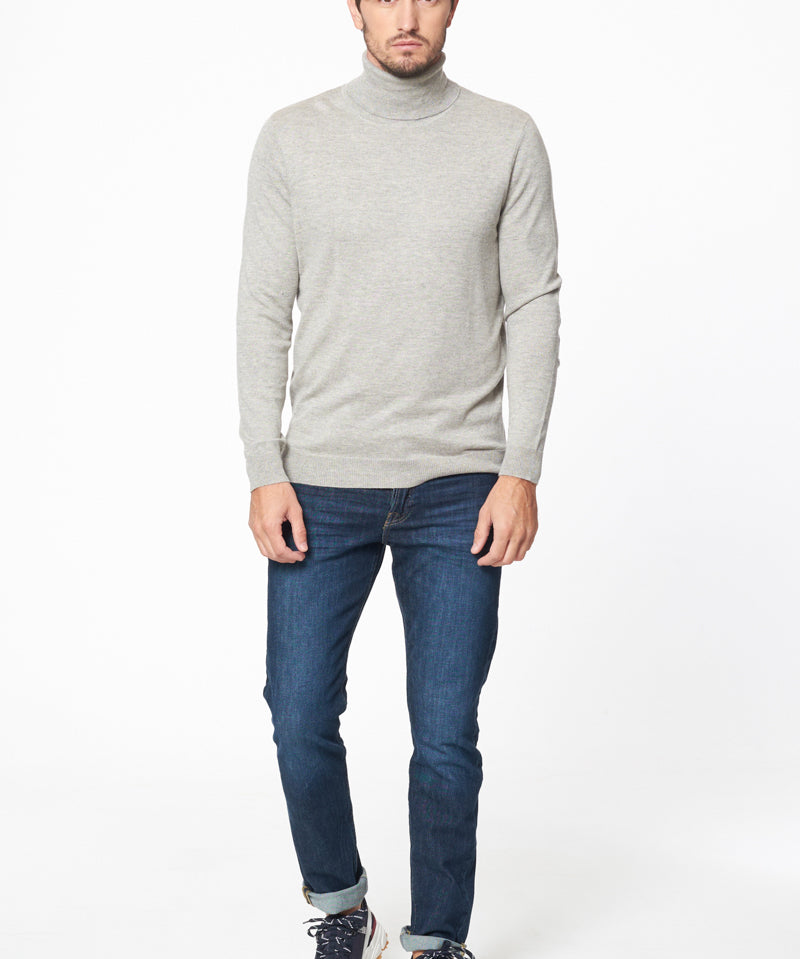 Pull col roulé coton et cachemire gris chiné