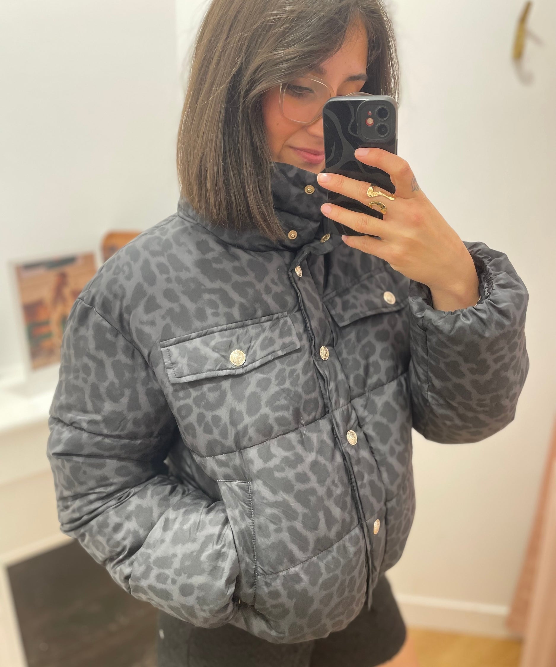 Vipuff leopard quilted short jacket - Black - VILA