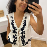 Gilet sans manches brodé avec liens à nouer Vipolli - Super Light Natural Melan - VILA