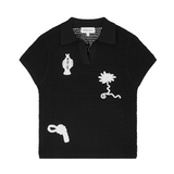 Pull polo en crochet à motifs brodés - Noir - FABIENNE CHAPOT