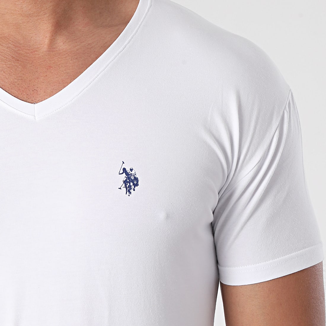 Tee Shirt Col V Double Horse - Blanc - US POLO HOMME