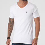 Tee Shirt Col V Double Horse - Blanc - US POLO HOMME