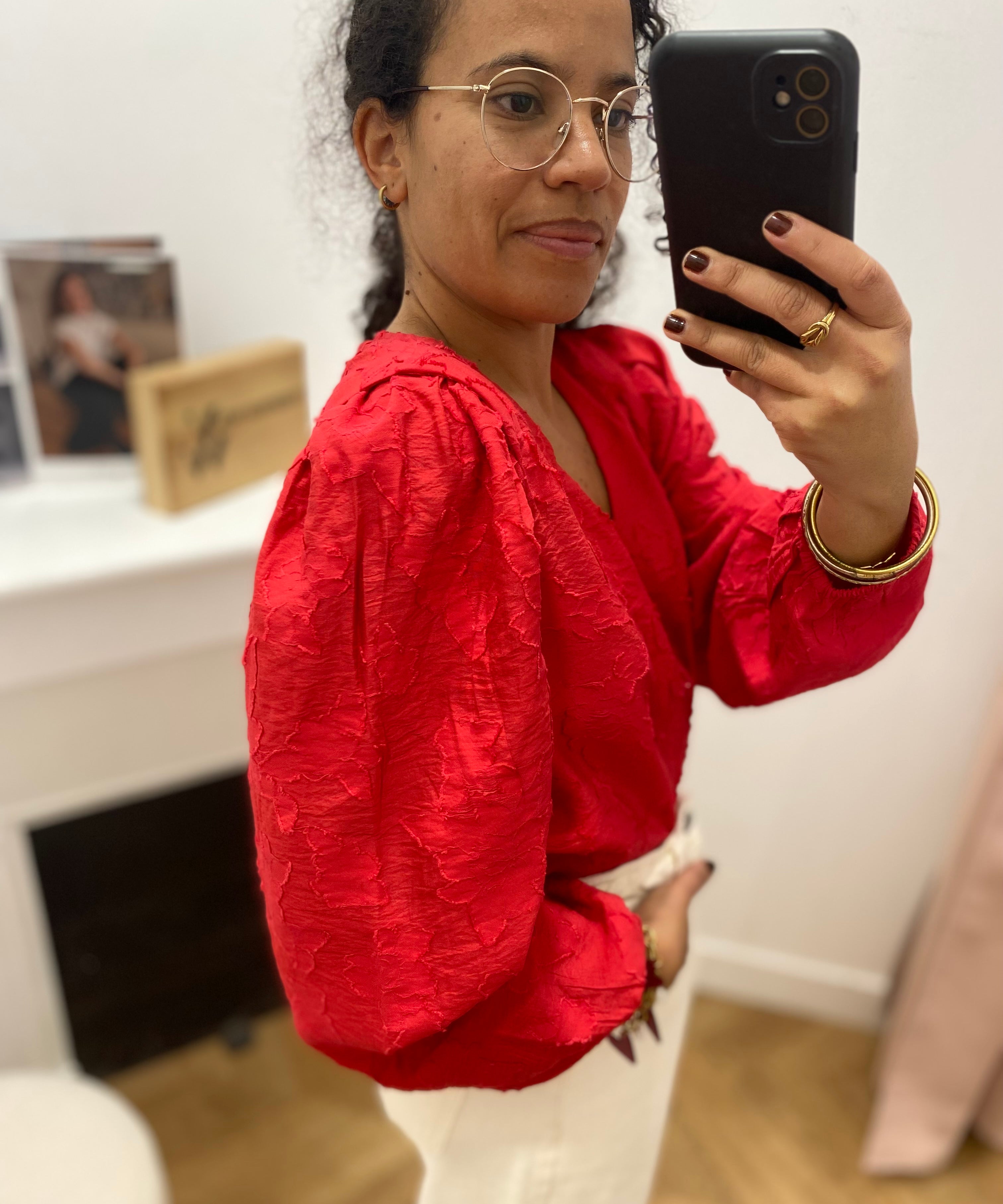 Blouse jacquard manches longues Objada - Poinsettia - OBJECT