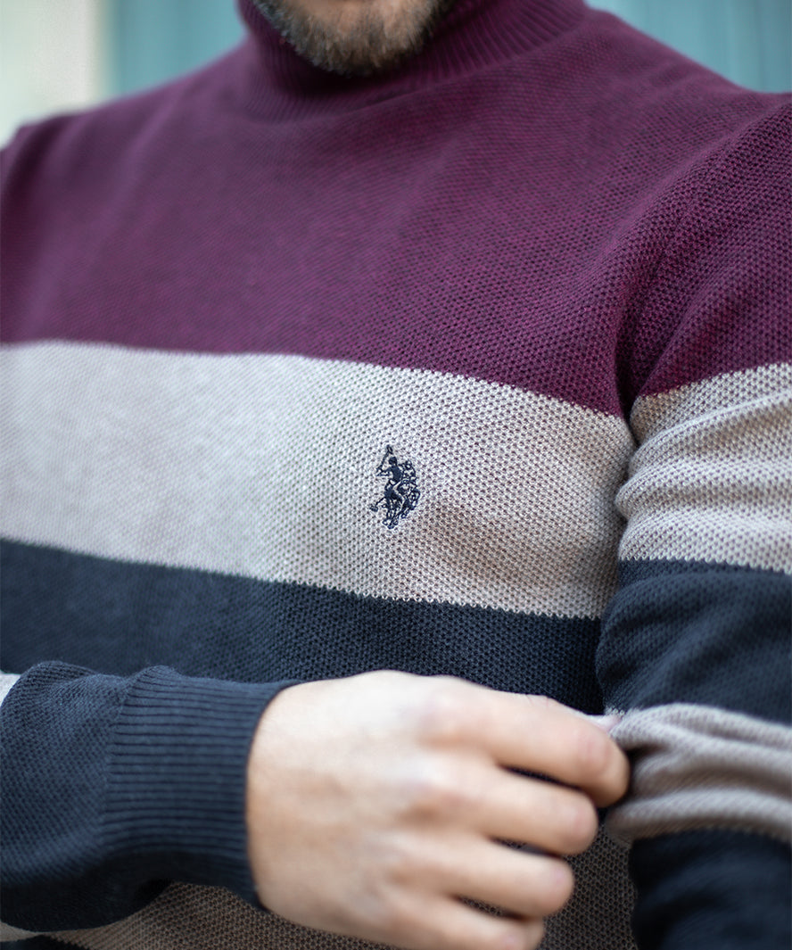 Col roulé rayé bordeaux et marine - beige - US.POLO