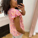 Blouse imprimée manches à volants Irène - Mangue - C'EST BEAU LA VIE !