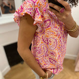 Blouse imprimée manches à volants Irène - Mangue - C'EST BEAU LA VIE !