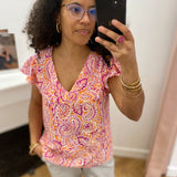 Blouse imprimée manches à volants Irène - Mangue - C'EST BEAU LA VIE !