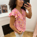 Blouse imprimée manches à volants Irène - Mangue - C'EST BEAU LA VIE !