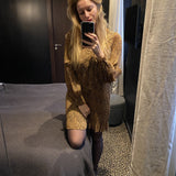 Robe courte plissée imprimé léopard Cristal - Camel - SUNCOO