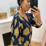 Blouse imprimée Serena - Bleu de travail - C'EST BEAU LA VIE !