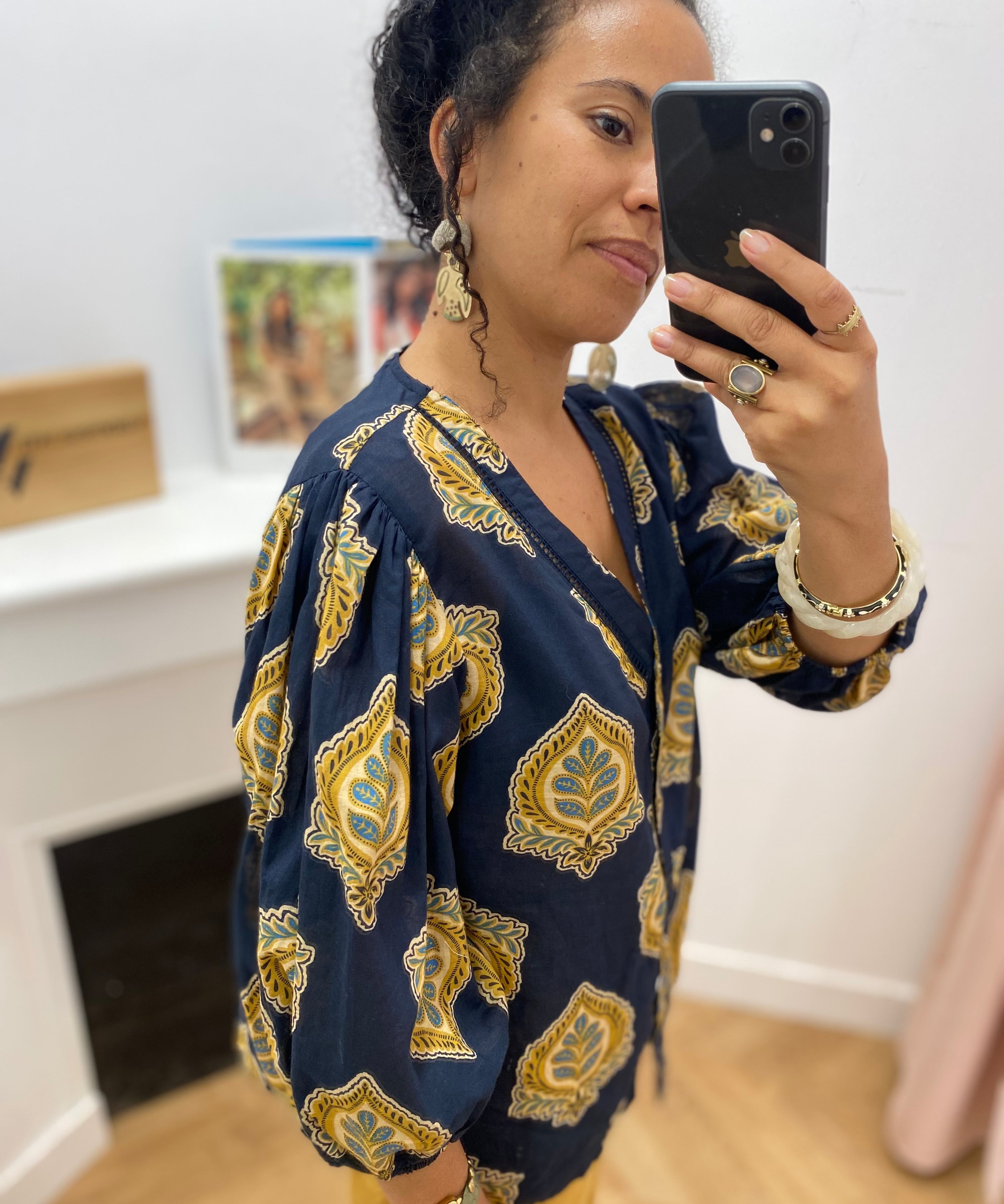 Blouse imprimée Serena - Bleu de travail - C'EST BEAU LA VIE !
