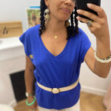 T-shirt à manches courtes col V Esmée - Bleu indigo ou Kaki - C'EST BEAU LA VIE !