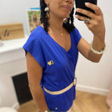 T-shirt à manches courtes col V Esmée - Bleu indigo ou Kaki - C'EST BEAU LA VIE !
