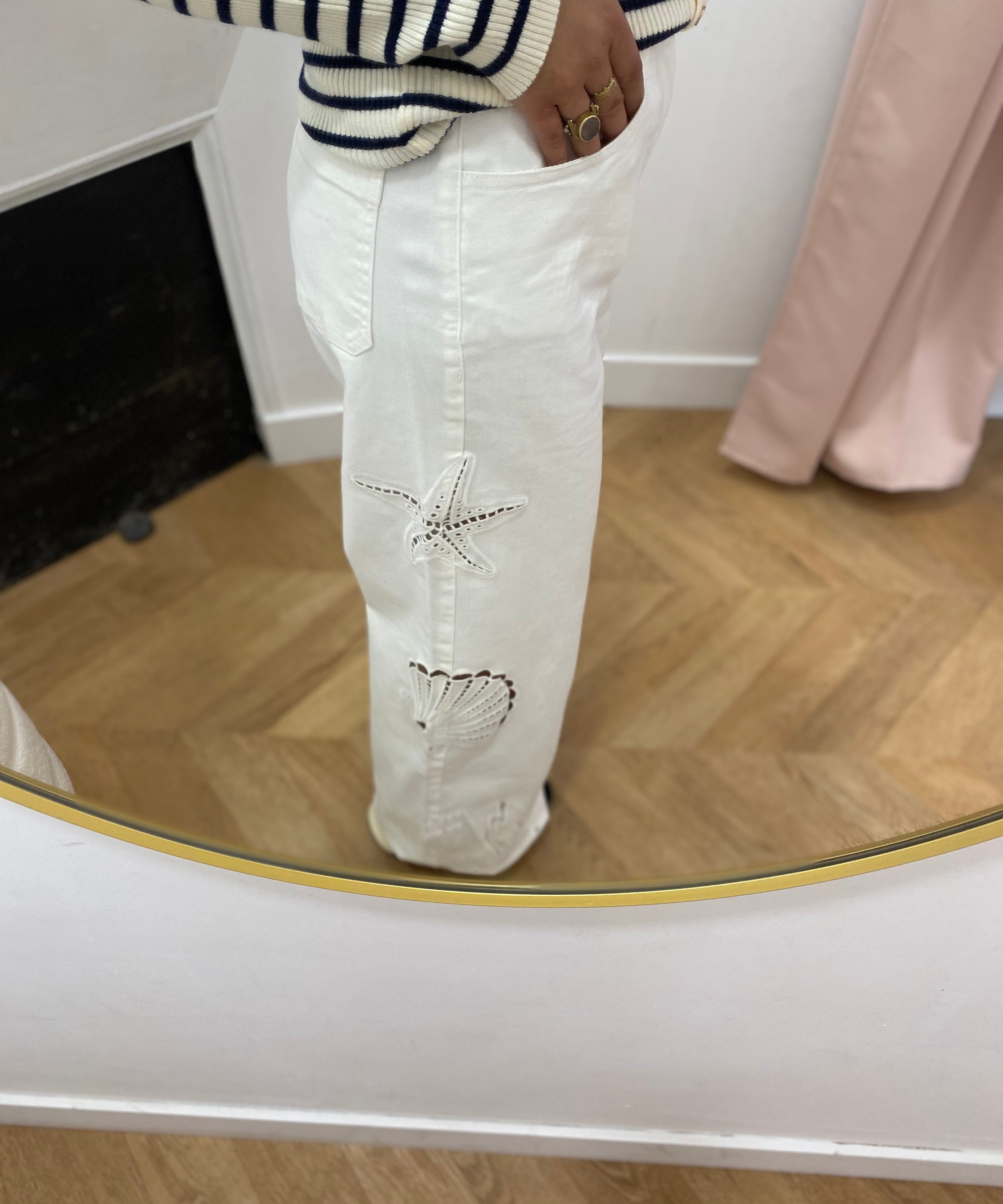 Jean large à motifs brodés Atlantys - Ecru - LA PETITE ETOILE