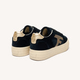 Vue arrière des baskets compensées Walnut FAGUO montrant le contrefort doré et le talon plateforme