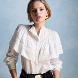 Blouse romantique en coton bio écru PETITE MENDIGOTE Milady avec grand volant cape et dentelle vue de face