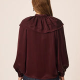 Vue de dos de la blouse prune Satia DES PETITS HAUTS montrant le détail de la collerette