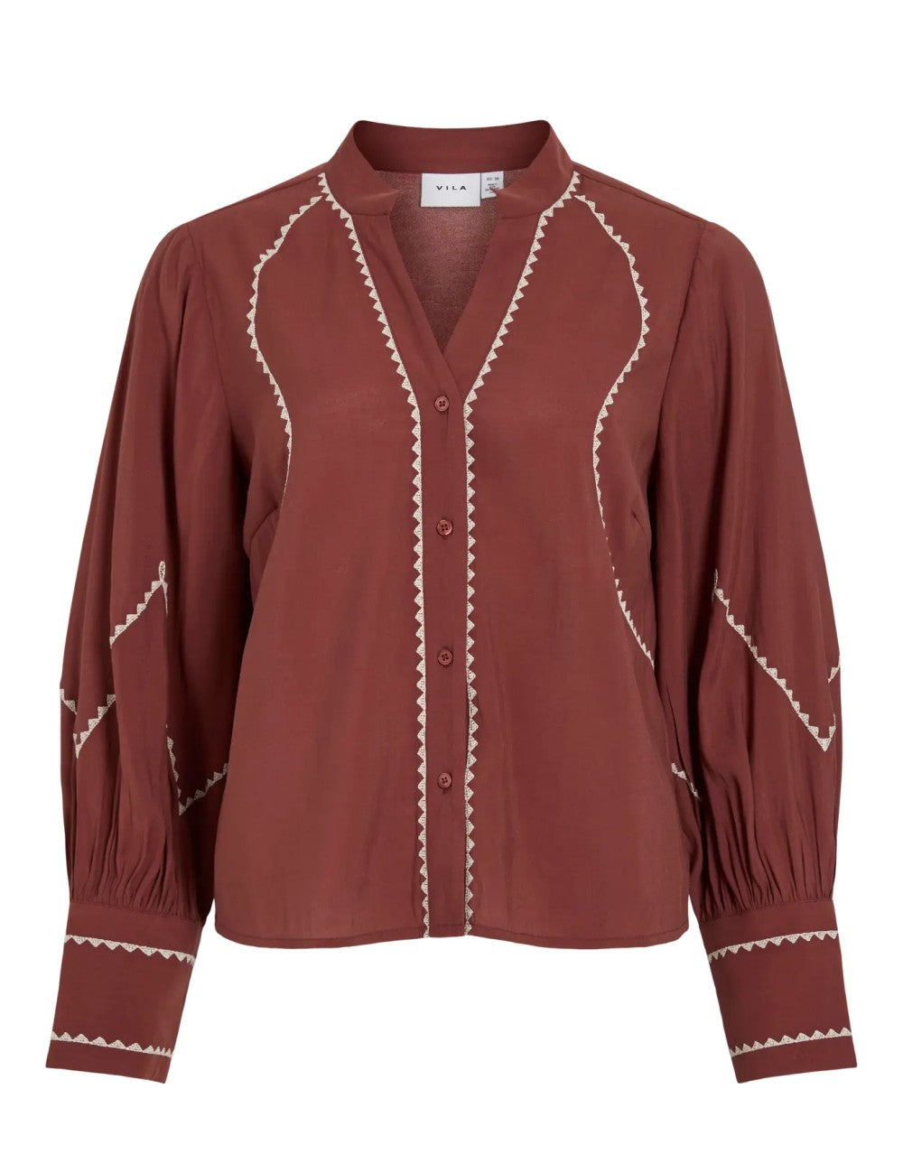Photo a plat de la blouse Viramette bordeaux VILA avec broderies creme et patte de boutonnage