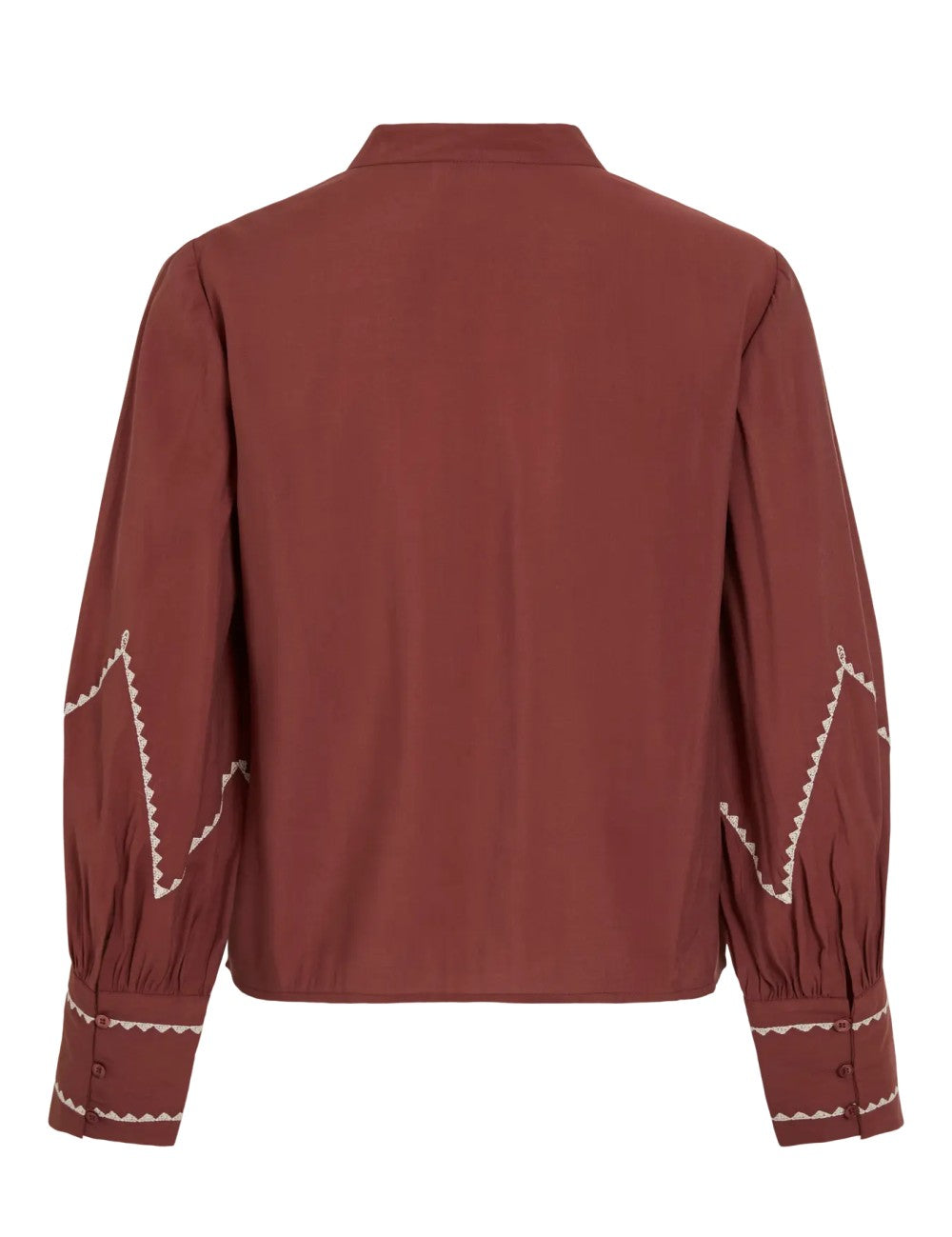 Vue de dos de la blouse Viramette bordeaux VILA montrant les broderies sur les manches