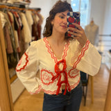 Blouse à nouer imprimée Serviette - Blanc & Tangerine - FABIENNE CHAPOT