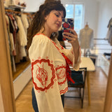 Blouse à nouer imprimée Serviette - Blanc & Tangerine - FABIENNE CHAPOT