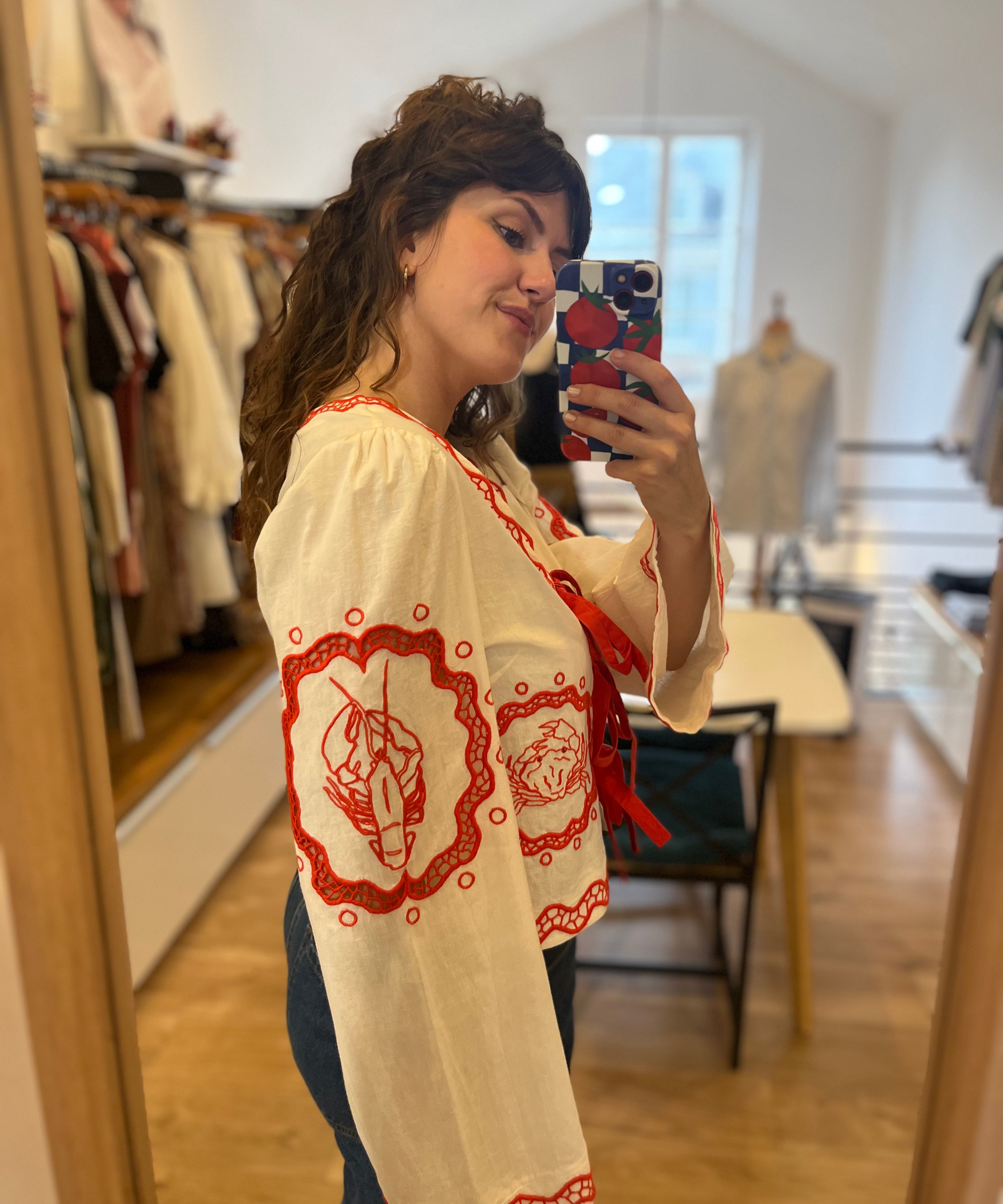 Blouse à nouer imprimée Serviette - Blanc & Tangerine - FABIENNE CHAPOT