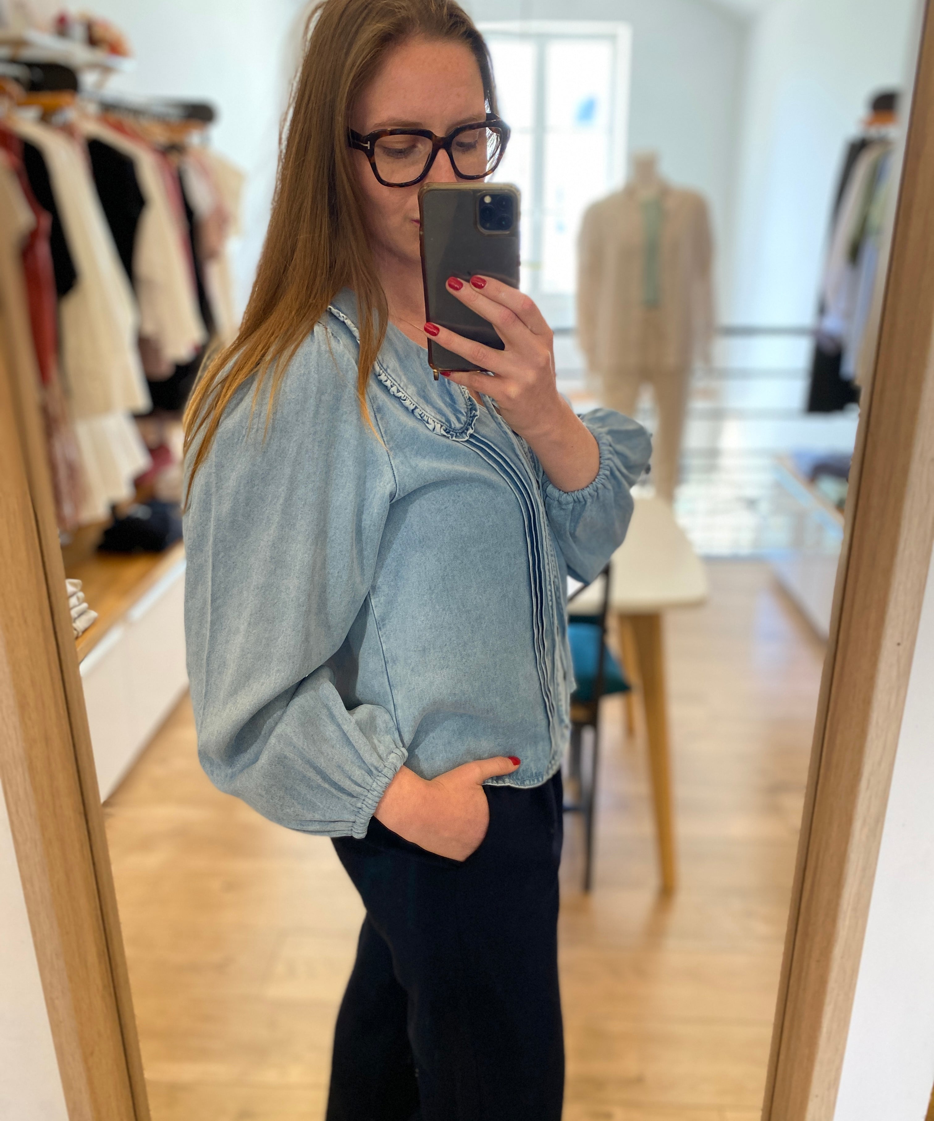 Blouse jean à col claudine Lazar - Denim bleu - SUNCOO