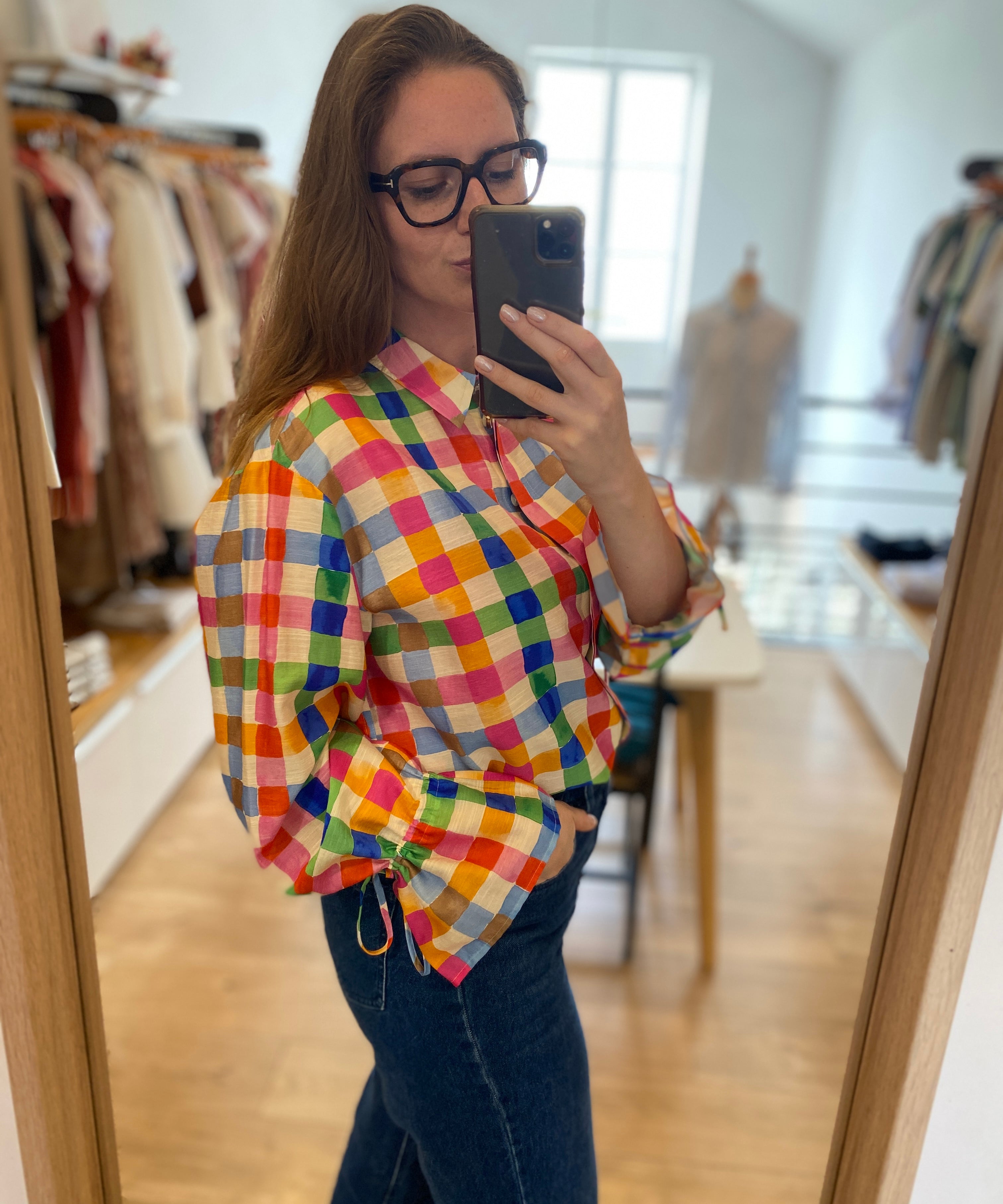 Blouse légère à carreaux colorés Alicia – Blanc & Orange - FABIENNE CHAPOT