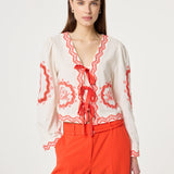 Blouse à nouer imprimée Serviette - Blanc & Tangerine - FABIENNE CHAPOT