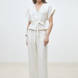Blouse courte ceinturée à manches kimono Lazlo - Blanc - SUNCOO