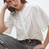 Blouse en broderie anglaise à manches cloche Leyla - Blanc - SUNCOO
