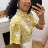 Blouse jaune à volants et broderie anglaise motif vichy - Jaune - C'EST BEAU LA VIE