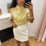 Blouse jaune à volants et broderie anglaise motif vichy - Jaune - C'EST BEAU LA VIE