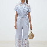 Blouse rayée brodée avec bas smocké Lolita - Bleu ciel - SUNCOO