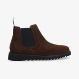 Vue de profil de la bottine Chelsea Schmoove Ripple marron montrant les perforations brogues et la semelle crantée noire à fil rouge