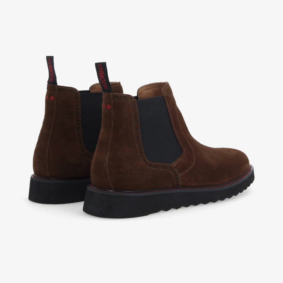 Vue arrière des bottines Schmoove Ripple Chelsea marron avec tirette textile siglée rouge et noir