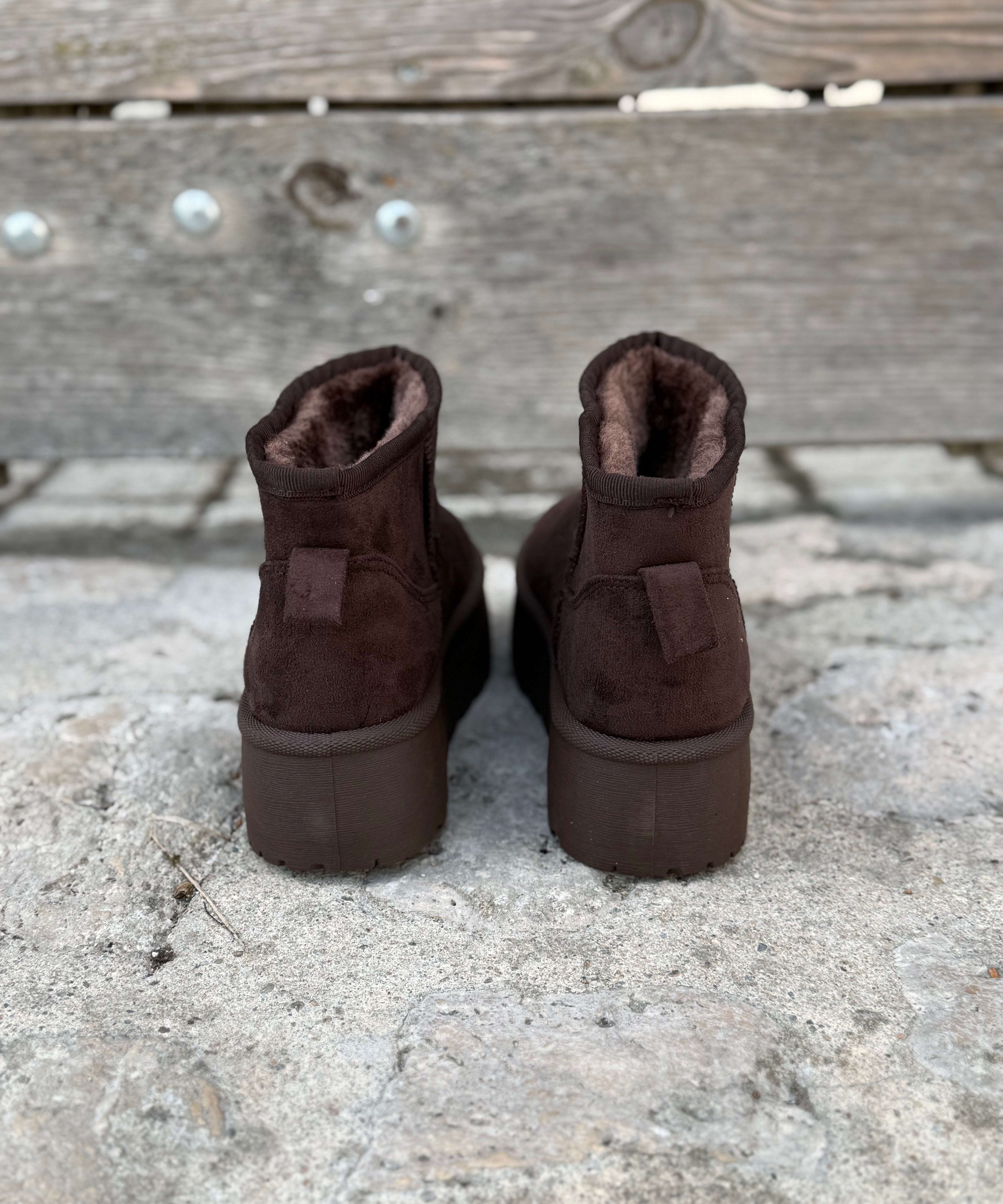 Vue arrière des bottines fourrées marron chocolat à semelle plateforme LORA