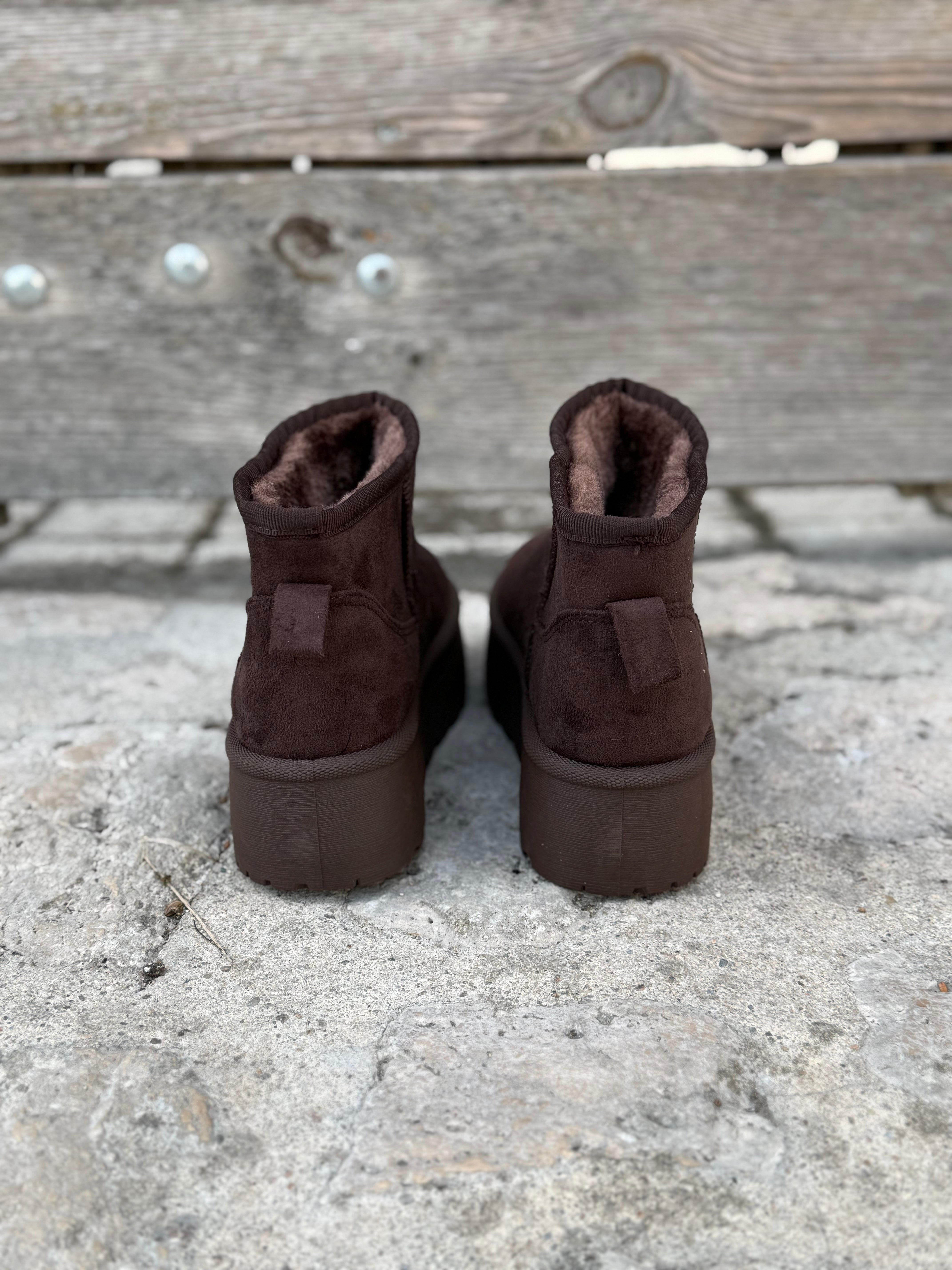 Vue arrière des bottines fourrées marron chocolat à semelle plateforme LORA