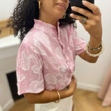 Chemise à manches courtes à rayures col volanté Bahamas - Rose - C'EST BEAU LA VIE !