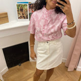 Chemise à manches courtes à rayures col volanté Bahamas - Rose - C'EST BEAU LA VIE !