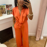 Combinaison pantalon fluide decolleté drapé - Corail - LOLA ESPELETA
