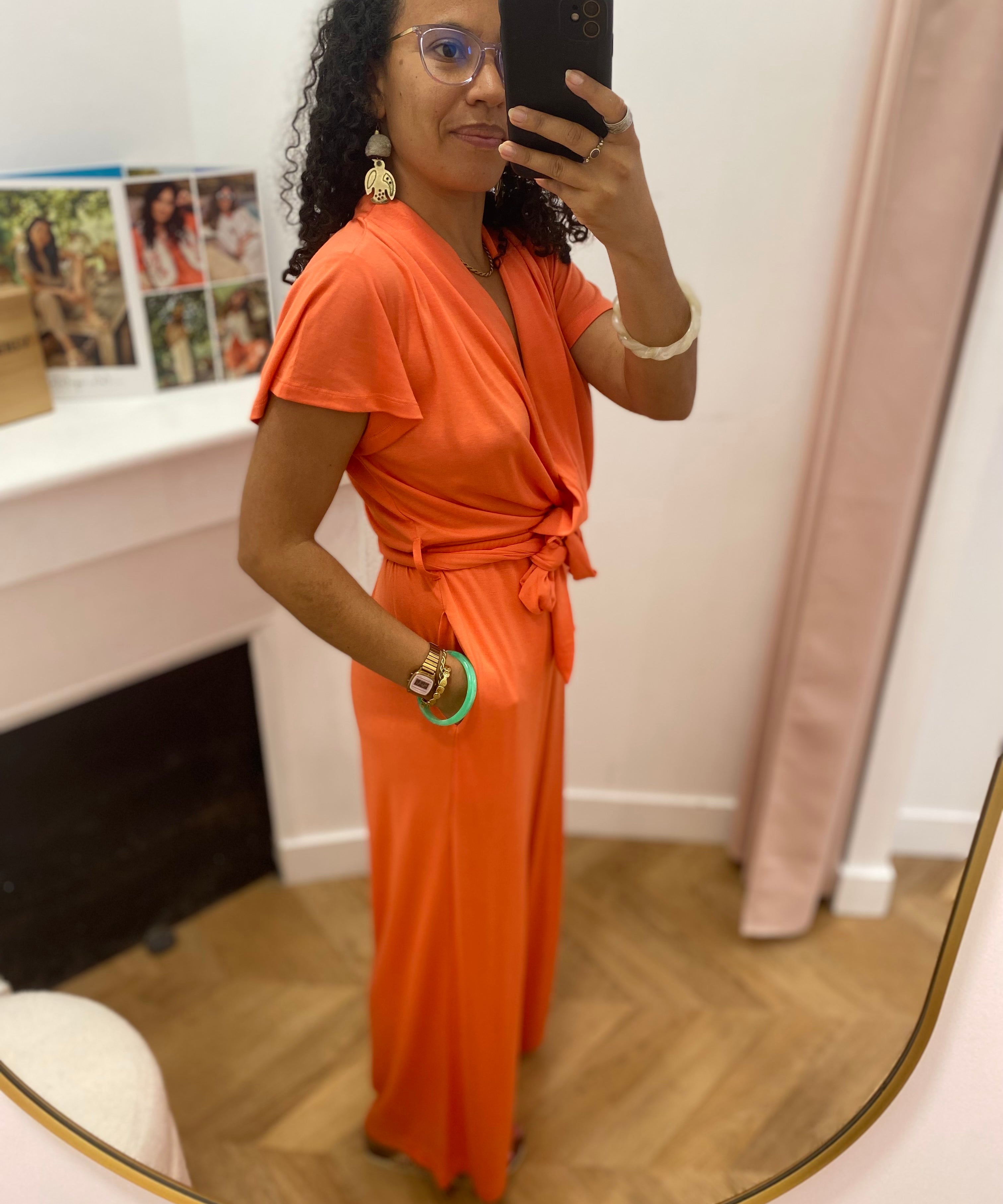 Combinaison pantalon fluide decolleté drapé - Corail - LOLA ESPELETA