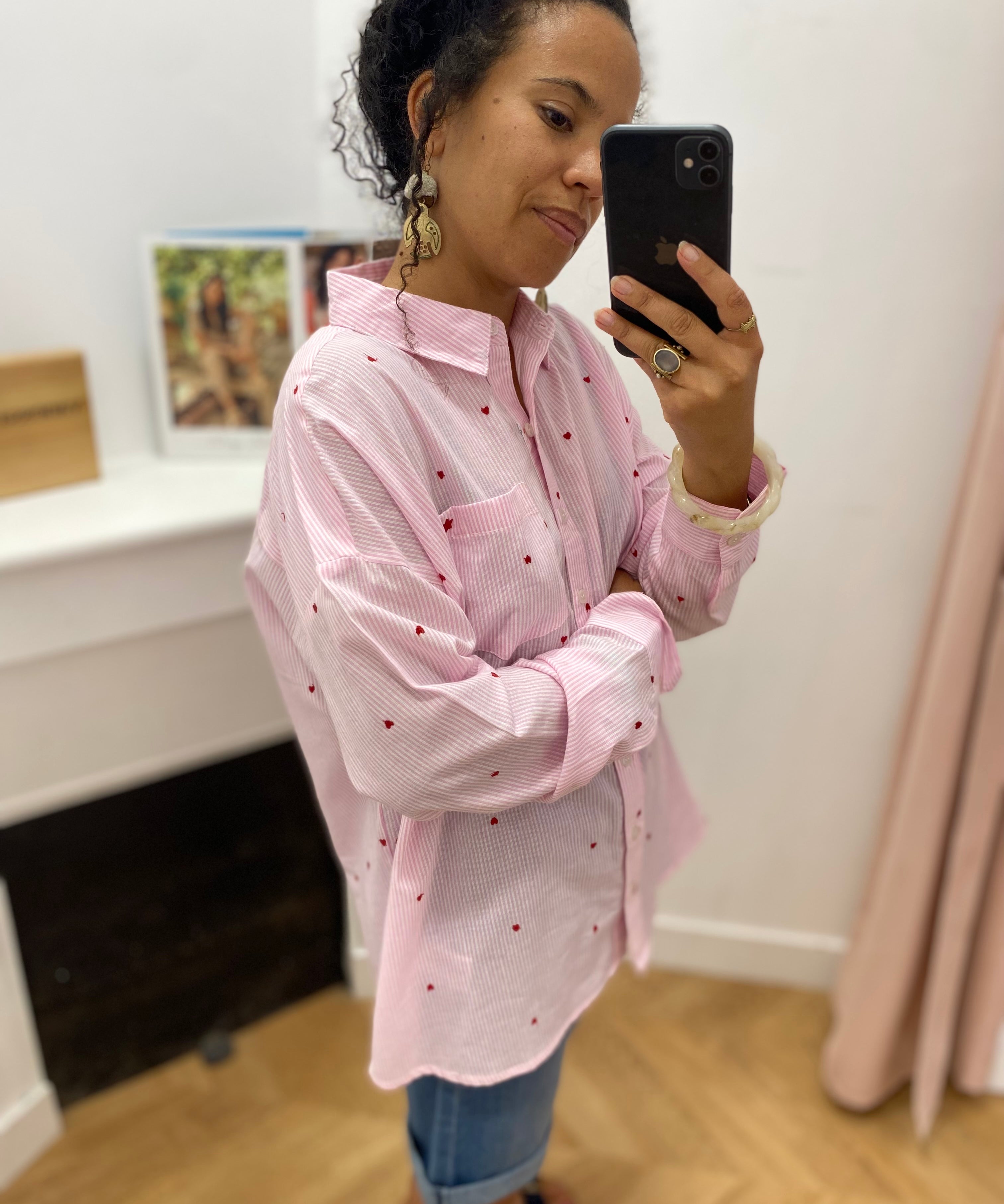 Chemise à rayures brodée coeur Coraline - Ecru et rose - LA PETITE ETOILE