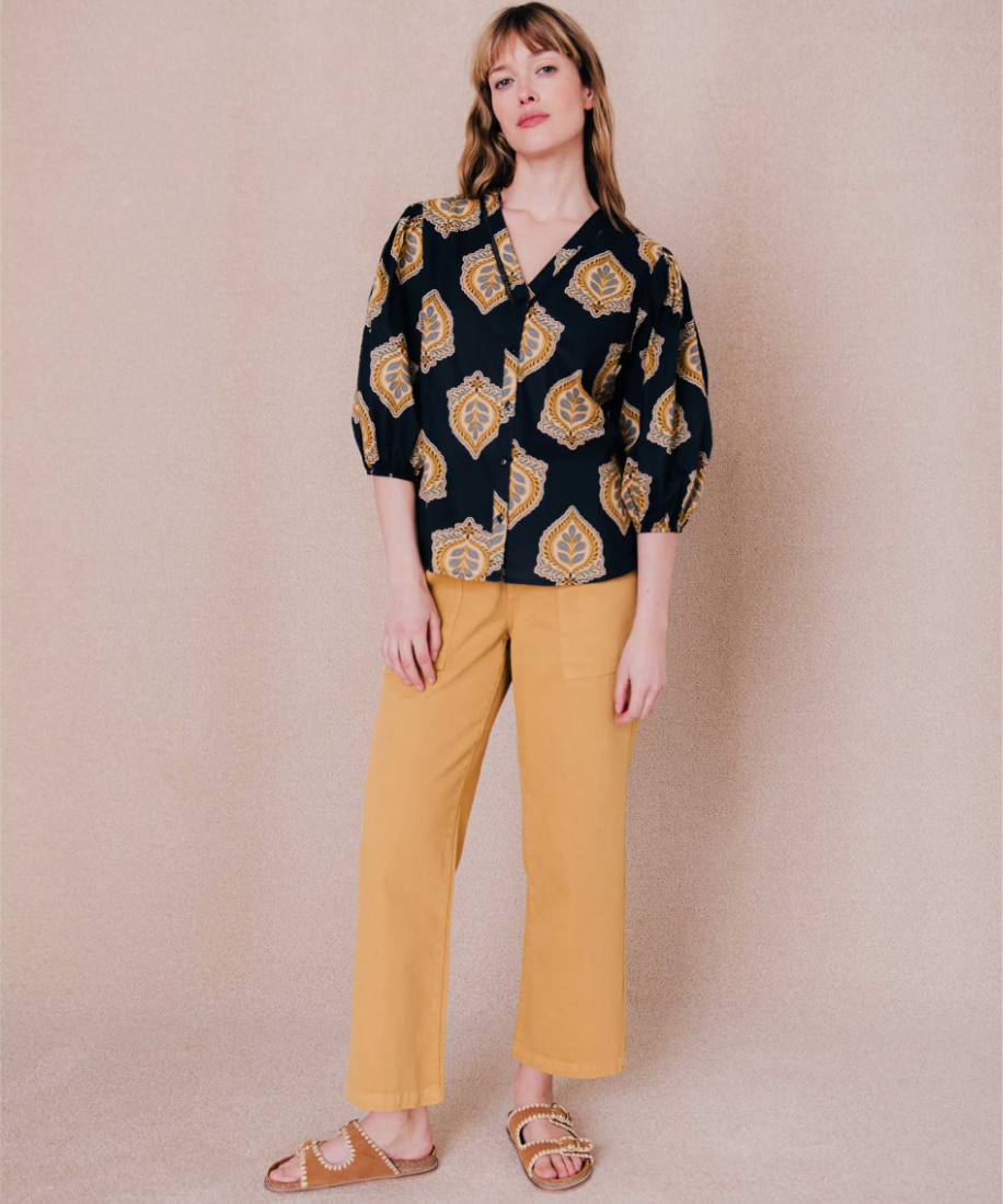 Blouse imprimée Serena - Bleu de travail - C'EST BEAU LA VIE !