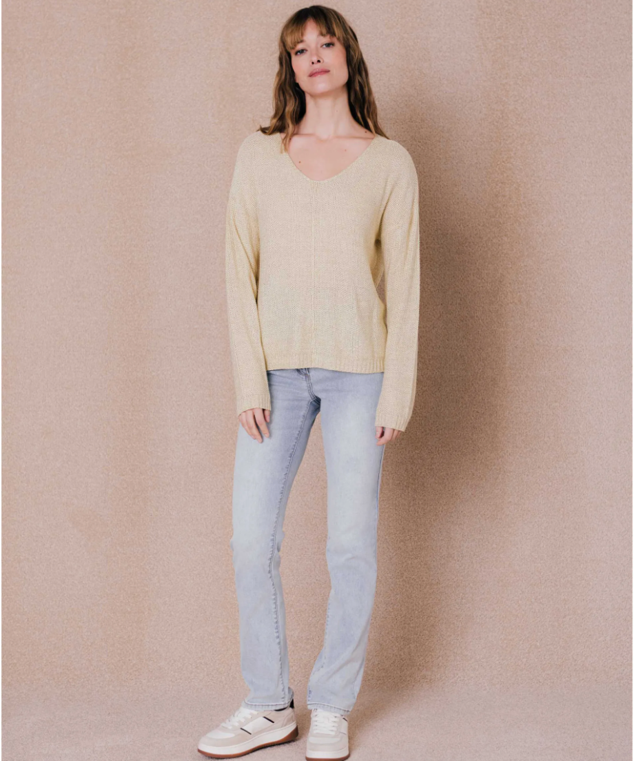 Pull ajouré col V en lurex Tanzanie - Blond - C'EST BEAU LA VIE !
