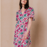 Robe courte fluide imprimée fleurs Mosaïque  - Fushia - C'EST BEAU LA VIE !