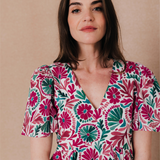 Robe courte fluide imprimée fleurs Mosaïque  - Fushia - C'EST BEAU LA VIE !