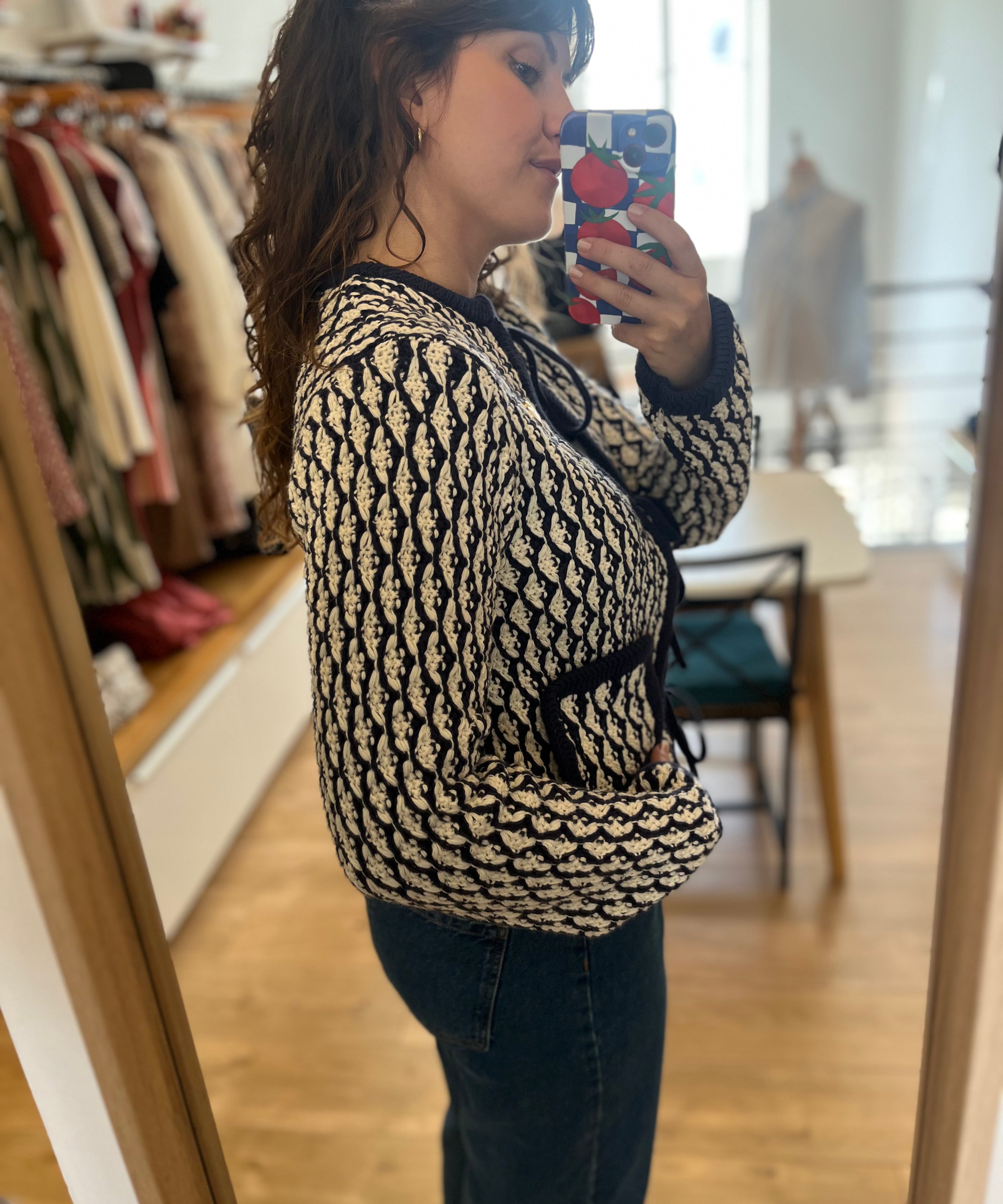 Cardigan à nœuds sur le devant jacquard Balou - Marine & Blanc - FABIENNE CHAPOT