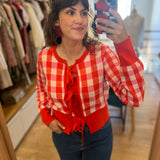 Cardigan court à carreaux noué Camille - Blanc & Tangerine - FABIENNE CHAPOT